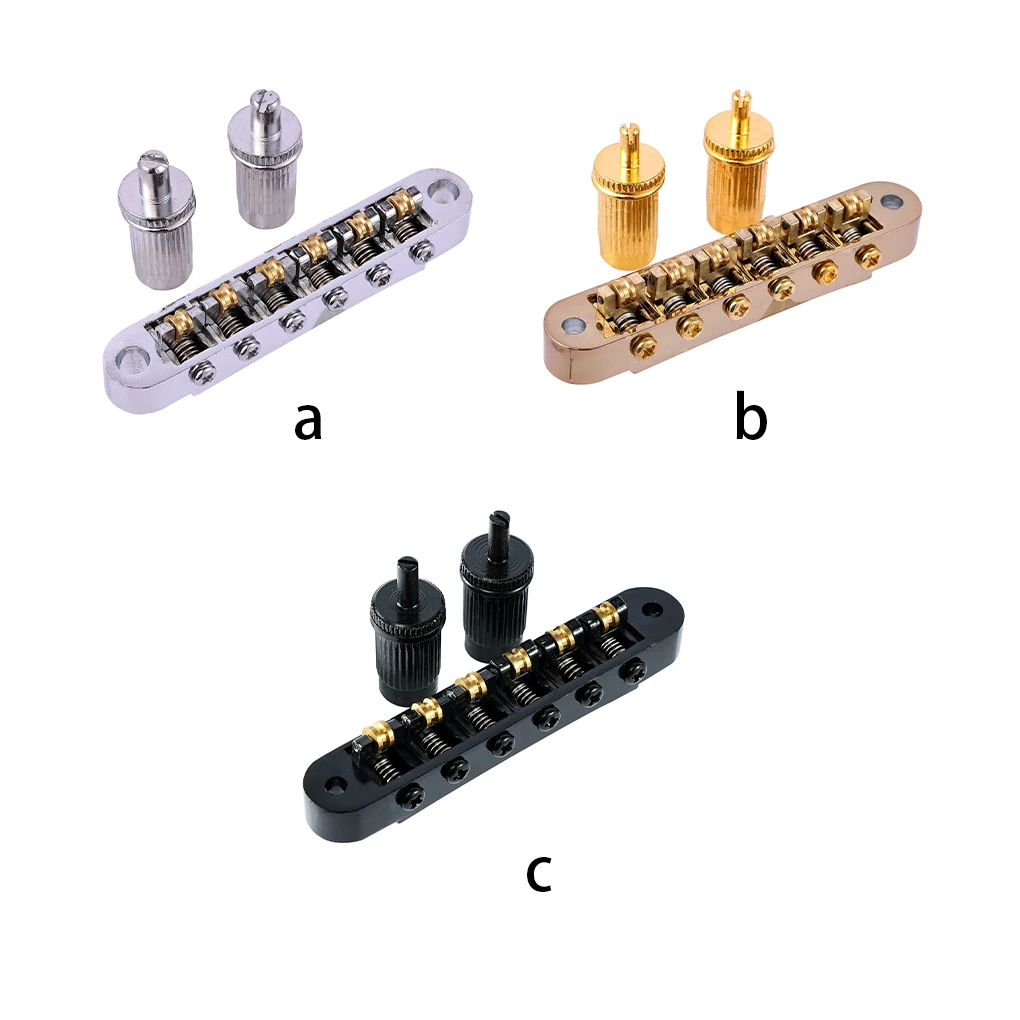 Guitar Roller Saddle Bridge Adjustable Replacement 2 Matching Studs Lock Tail-Piece Tailpiece for 6-String Electric Gold