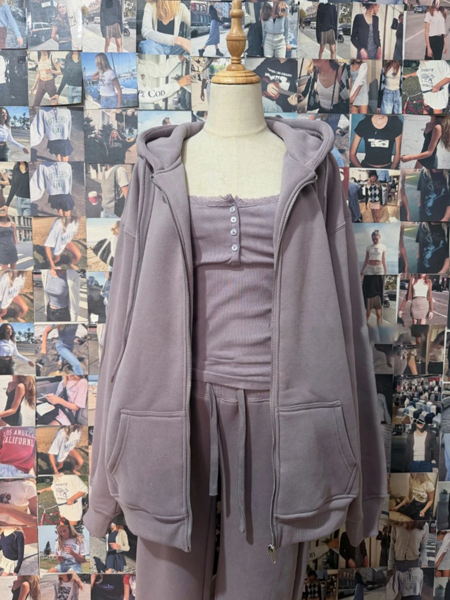 

Фиолетовая винтажная хлопковая флисовая толстовка на молнии, женская осенняя свободная толстовка с карманами и длинными рукавами, пальто, однотонные повседневные универсальные толстовки