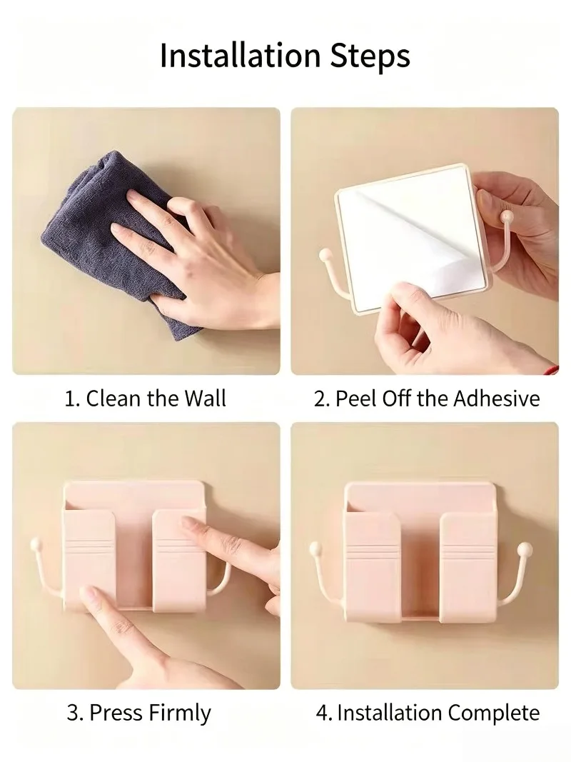 No Drill Wall Storage Rack Multicolor Remote Control Organizer Mobile Phone Charging Holder With Side Hooks For Household view 6