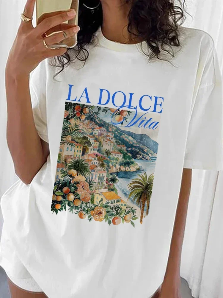 

La Dolce Vita Fun Letter Cartoon Print T-Shirt O-Neck Short Sleeve Basic Top Trendy Versatile Travelwear Female Clothing