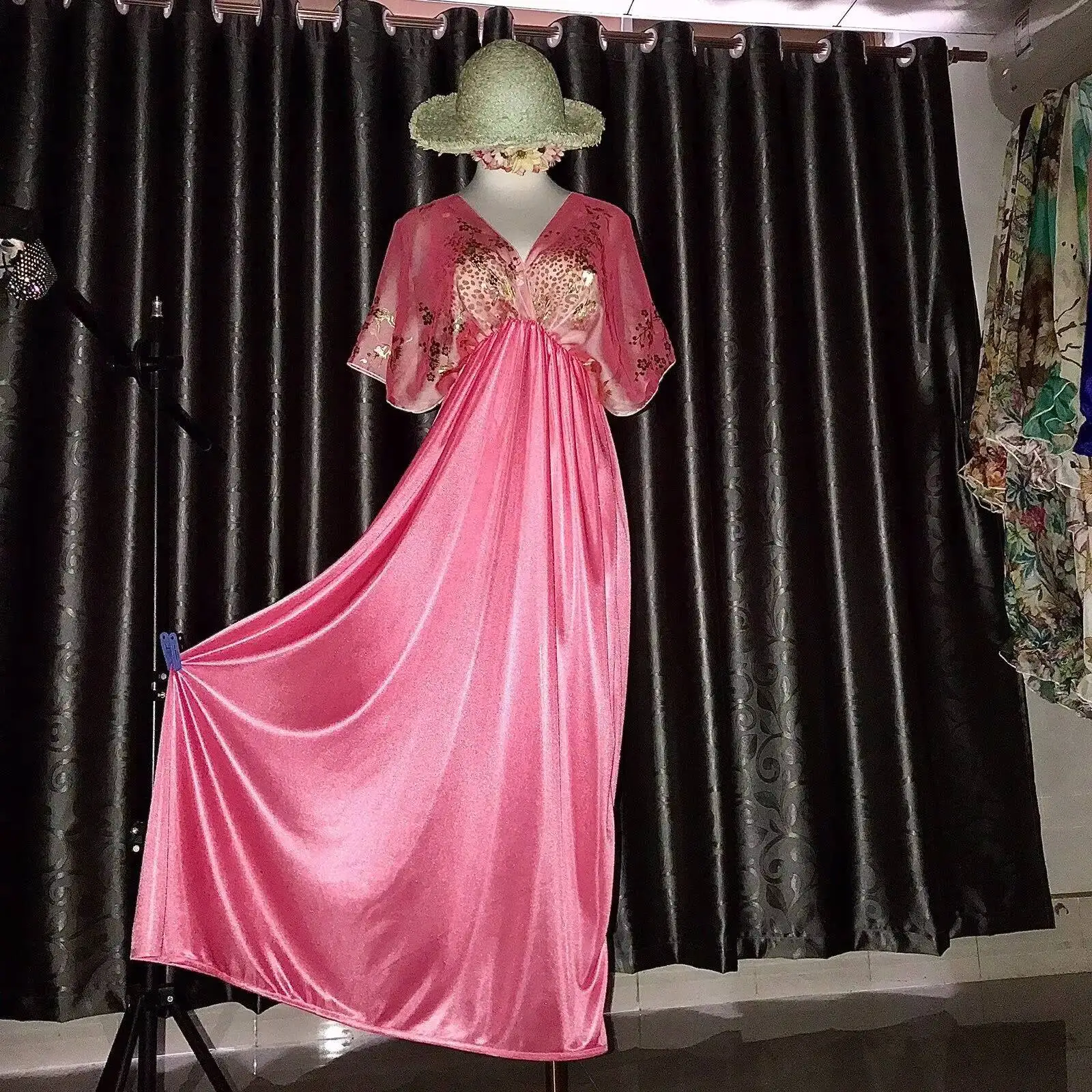 

Glossy Women Ruffles Mesh Satin Short Sleeve Dress Loose Maxi Dress Plus Size Sleeping Pajamas Robe