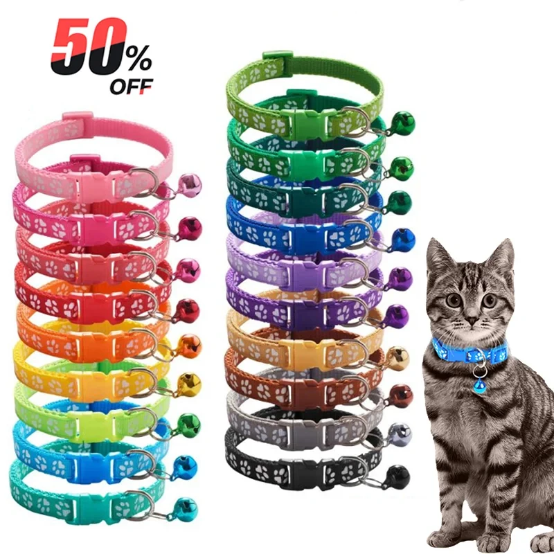 1-5pcs Pet Collar With Bell Cartoon Footprint Colorful Dog Puppy Cat Accessories Kitten Collar Adjustable Safety Bell Ring Pet