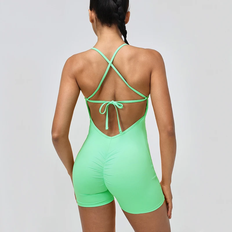 طقم يوجا للياقة البدنية من قطعة واحدة للسيدات بلون واحد ملابس رياضية قصيرة للصالة الرياضية قابلة للتنفس سريعة الجفاف بدلة للجري ملابس نسائية للتمرين #2