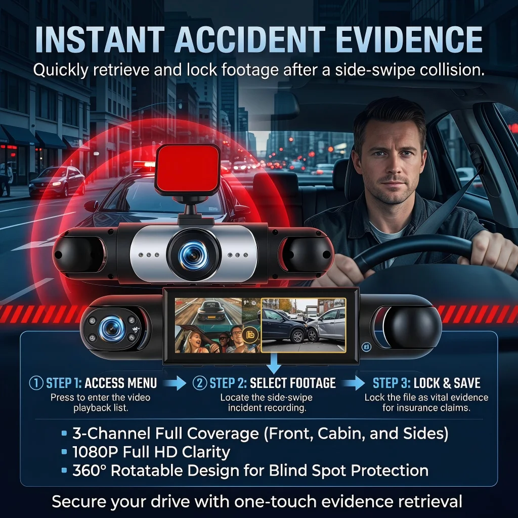 This 3/4-Channel Dashcam Features Simultaneous Recording to Capture Clear Evidence and Help Prevent Staged Accidents.