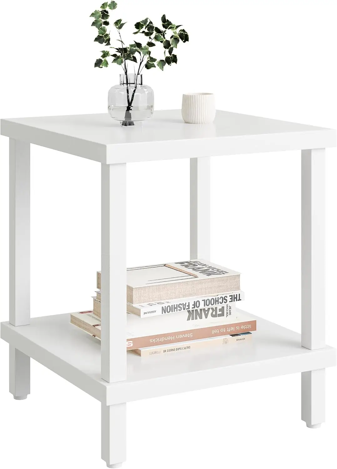

Large Square End Table with 2-Tier Shelf, Modern Industrial Coffee Table for Living Room Bedroom, White