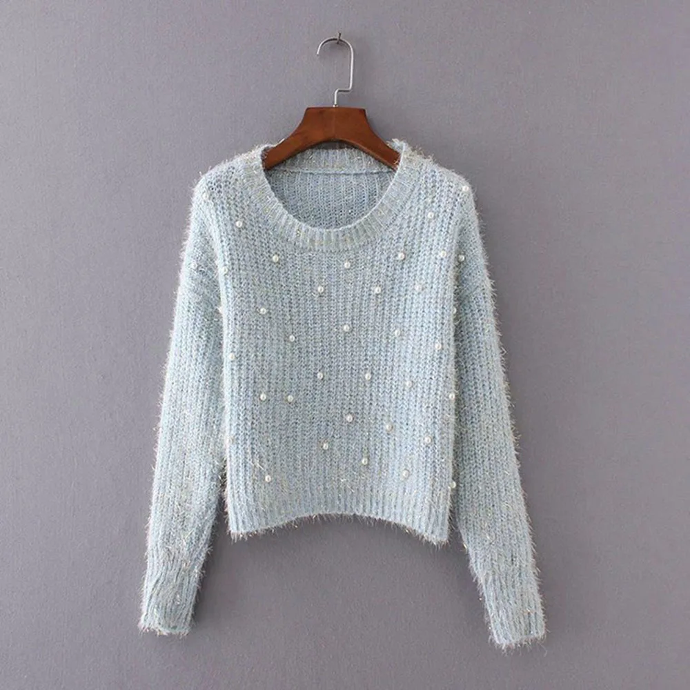 Autumn Winter Fashion Bright Beading Sweaters Women\'s Clothing Sweet O-Neck Solid Loose Knitted Tops Casual Korean Pullovers