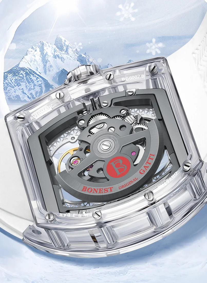 BONEST GATTI Men Automatic Watch 45*53mm Tonneau Mechanical Wristwatch Sapphire Luminous Polar Bear Dial Fluororubber Strap