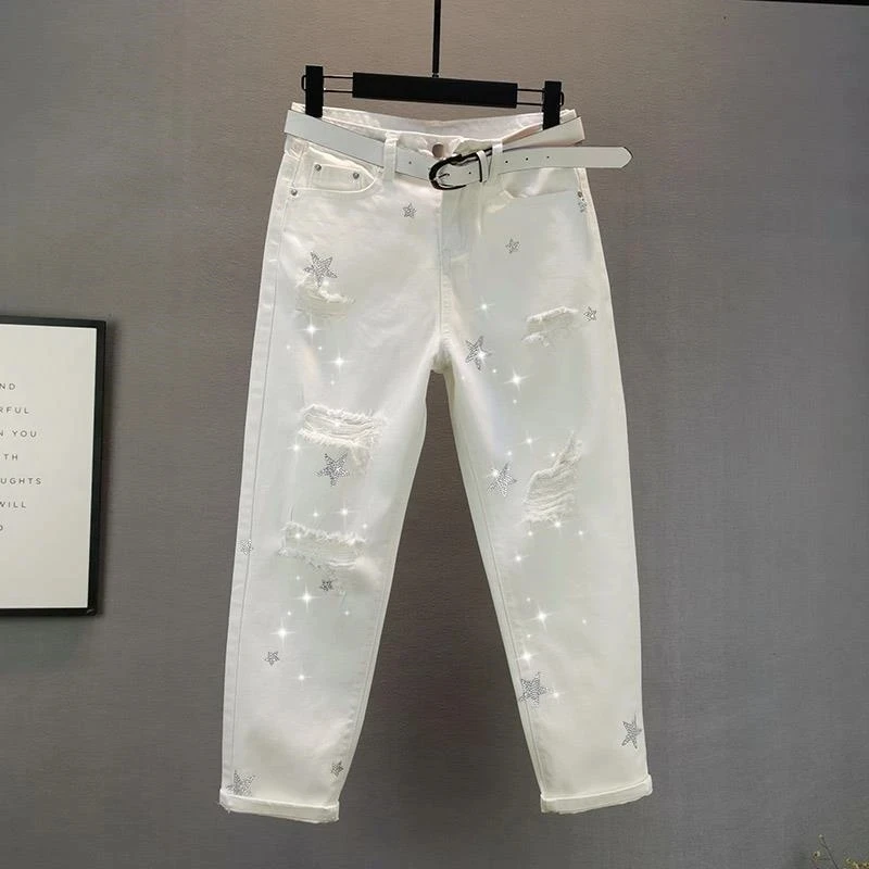 

2024New Fashion Spring Summer Korean High Waist Hot Drilling Hole Jeans Women Loose Casual Harun Pants Ladies White Denim Pants