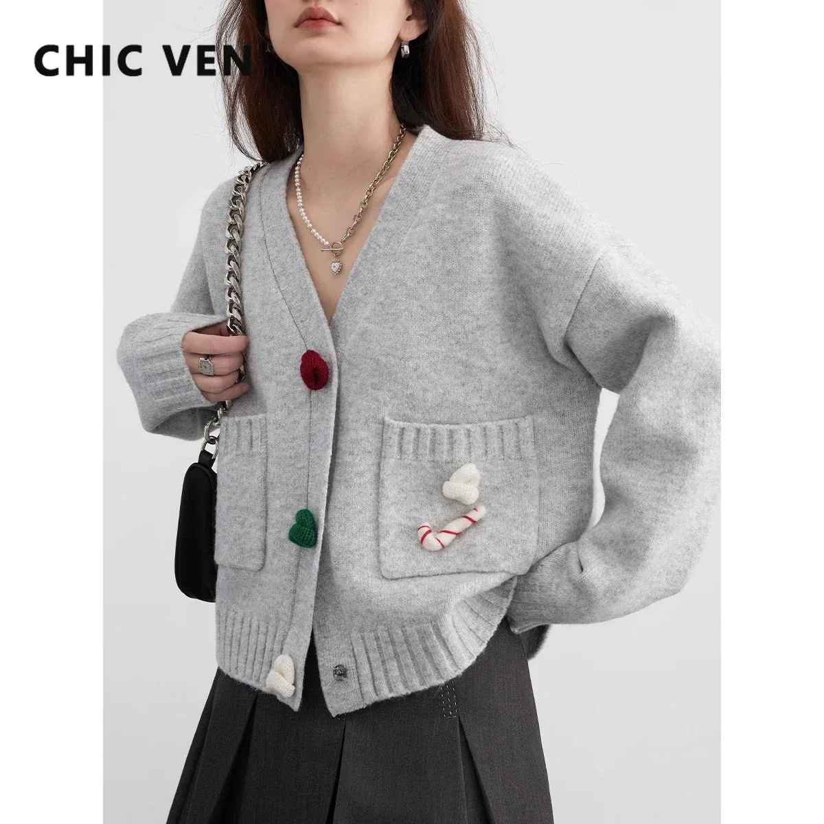 CHIC VEN Korean Women\'s Cardigan V-neck Loose Casual New Knitted Sweaters Soft Female Jumpers Party Autumn Winter 2023