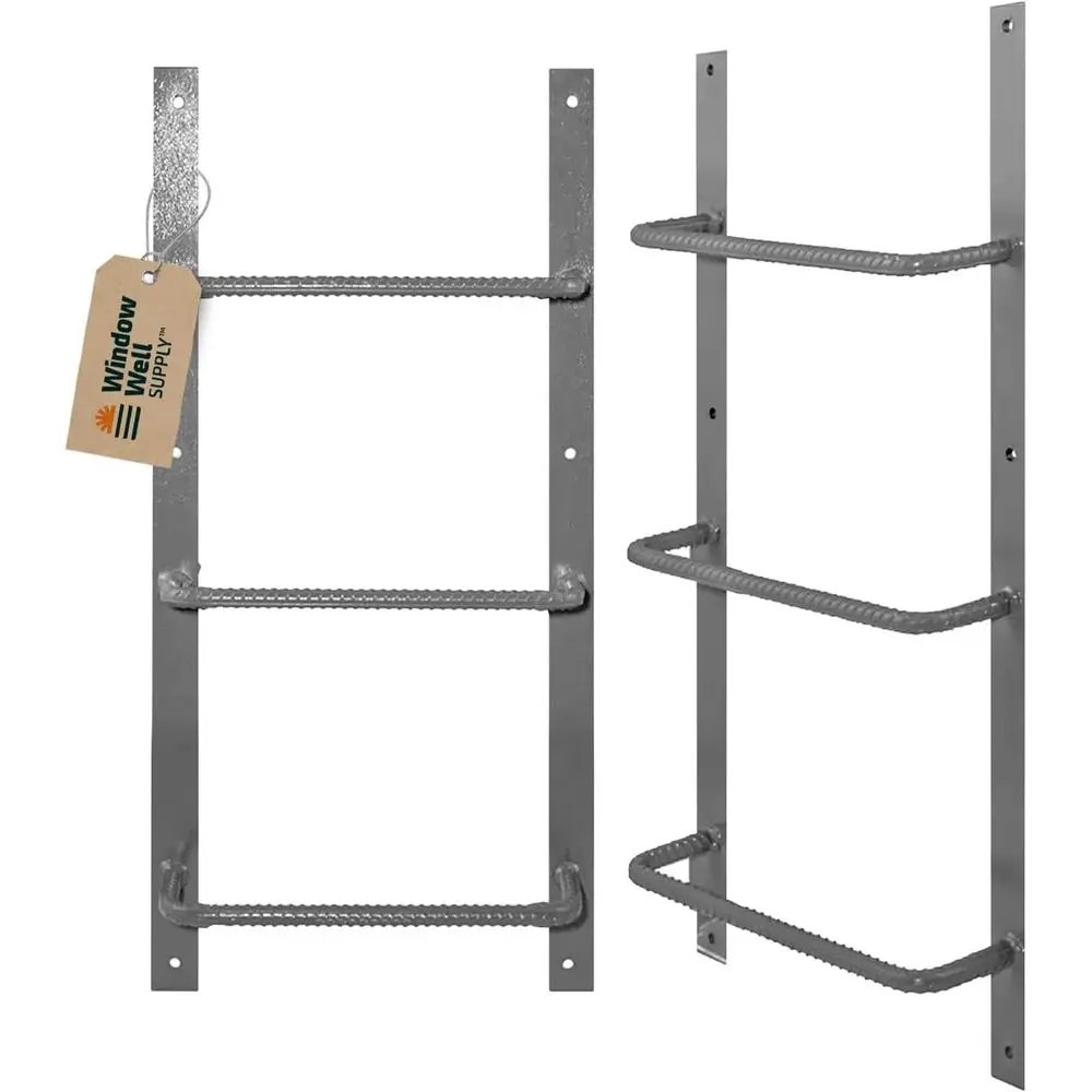 

Gray Powder Coated Steel 3-Rung Ladder for Basement Windows - Heavy Duty, Easy Install Wall Mount