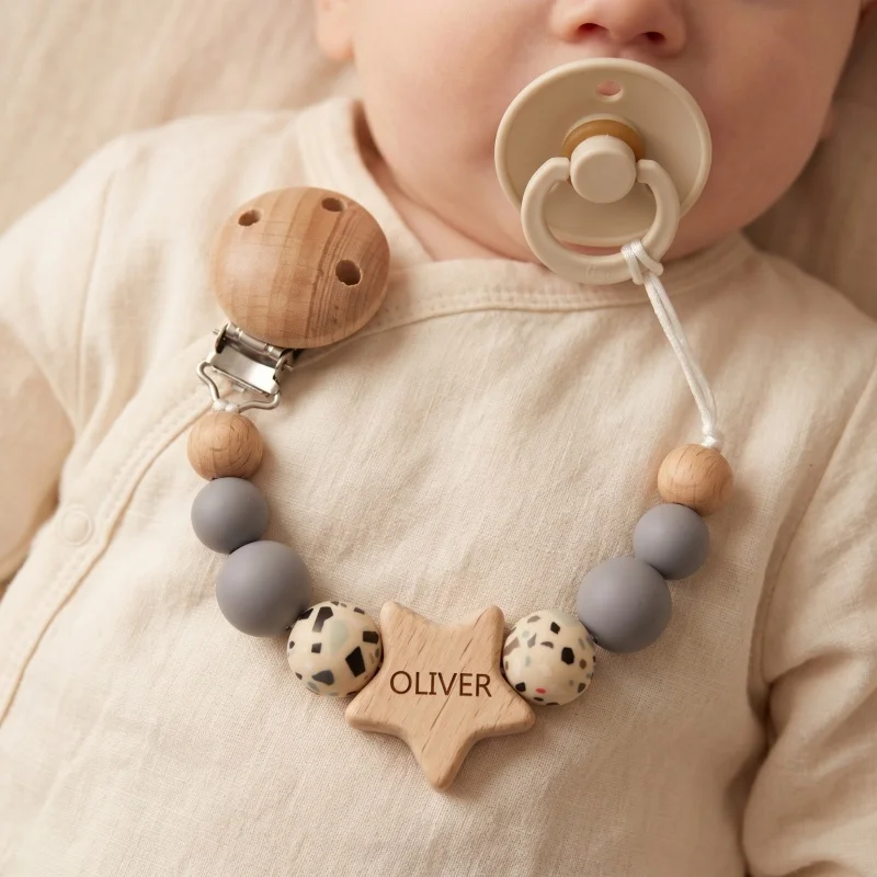 2026 Custom Engraved Name Baby Pacifier Clip Personalized Font Wood Silicone Bead Dummy Chain Teether Pendant Newborn Gift