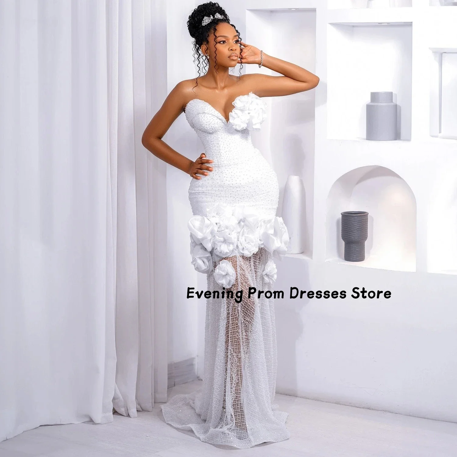 

Charming African Mermaid Wedding Party Dress Strapless 3D Decal Birthday Dress Luxury Lace Tulle Ball Dress Customized