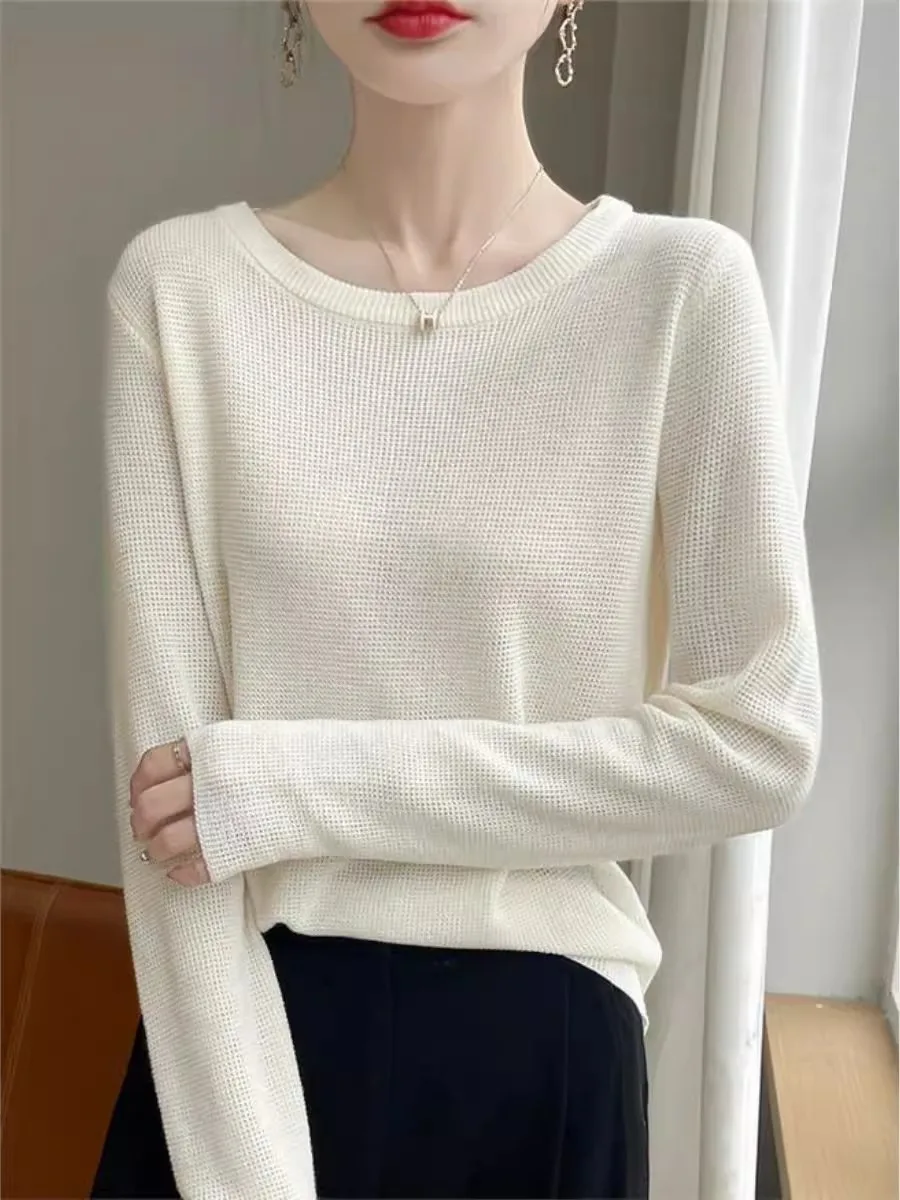 

Fall Loose round Neck Base Shirt Long Sleeve Thin Knitted Wool Top Spun Knitwear Simple Style Commute Fashion Regular Fit