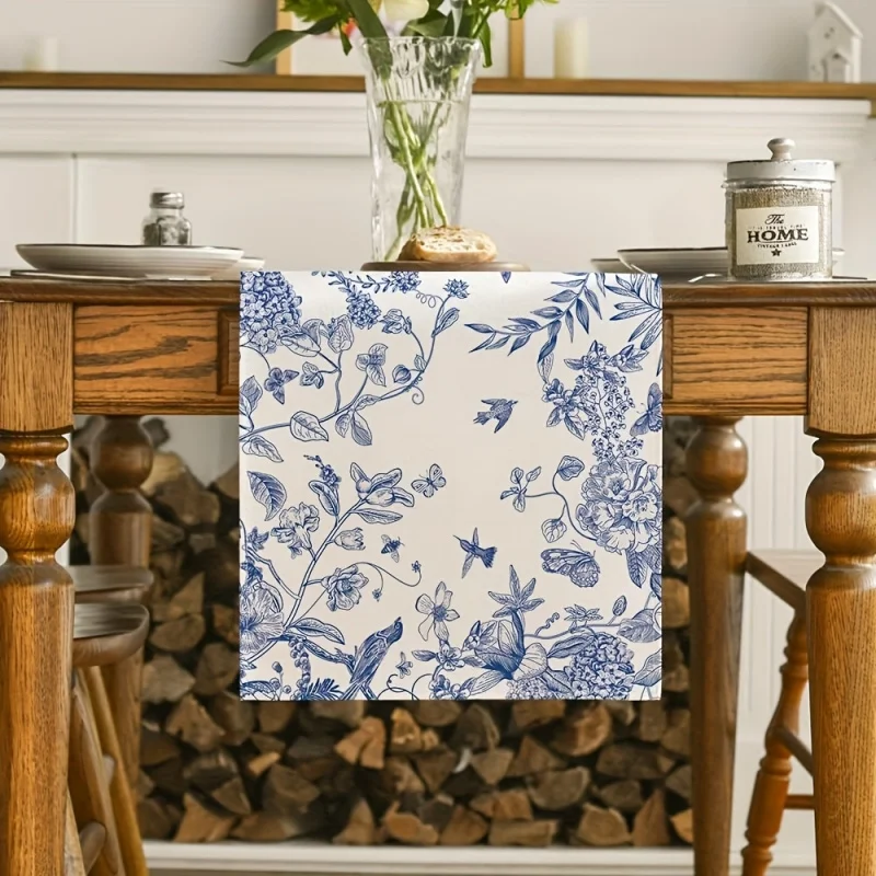 Summer Table Runner Monochrome Bird & Flower Sketch Seasonal Kitchen/Restaurant Decor Spring Autumn Theme