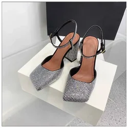 2024 Summer New Mary Jane sandali con diamanti d'acqua da donna testa quadrata tacchi alti spessi banchetto Party Fashion sandali Sexy da donna