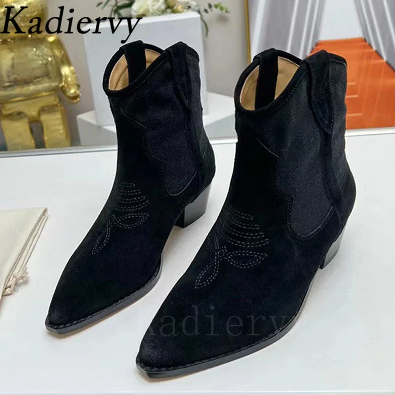 Suede Leather Embroidery Western Cowboy Boots Woman Pointed Toe Runway Shoes Women Square Heels Ankle Boots For Women