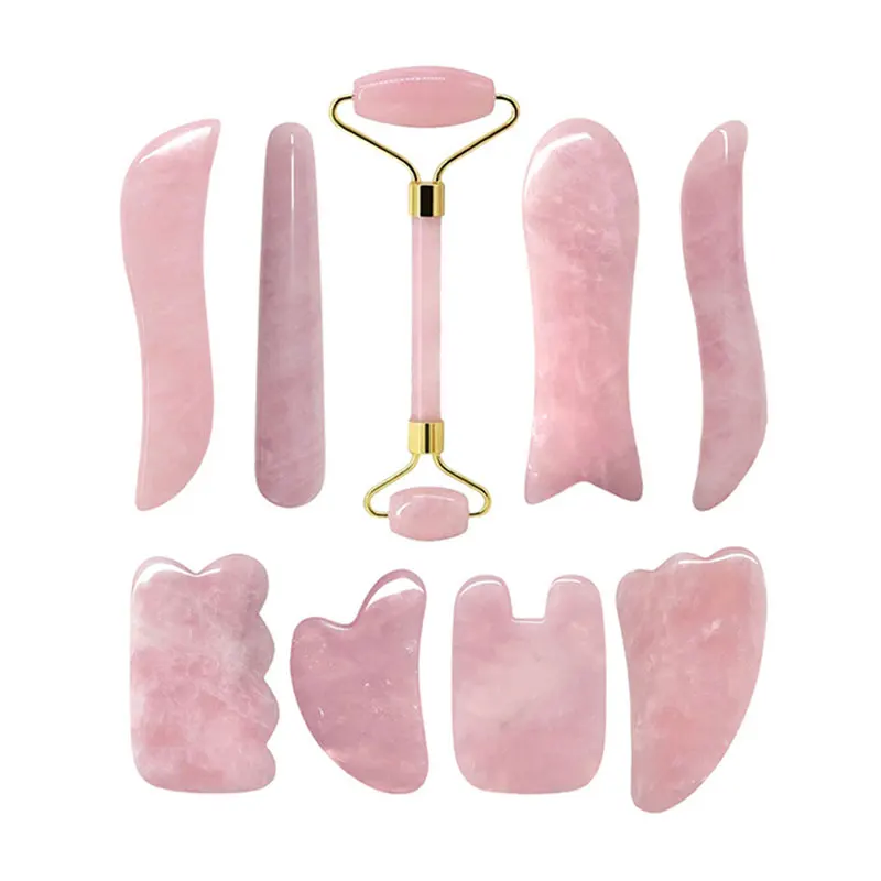 3pcs Rose Quartz Jade Roller Gua Sha Set Natural Gouache Stone Face Massage Guasha Scraper Facial Massager Skin Care Beauty Tool