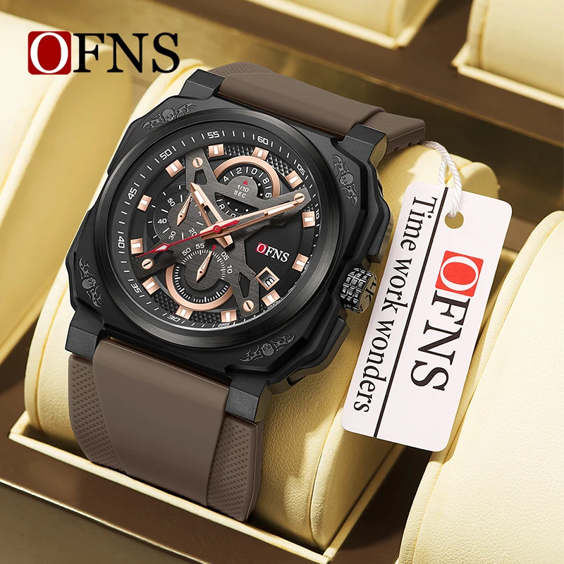 OFNS 8022 Watches Mens Quartz Top Brand Luxury Automatic Date Silicone Waterproof Sport Military Chronograph Wristwatch for Men