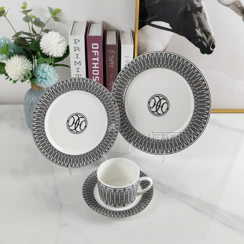 

Creative Western Dinner Plates Steak Tableware Nordic Retro Style Black Line Ceramic Internet-Famous Home Cup Saucer Dish Set