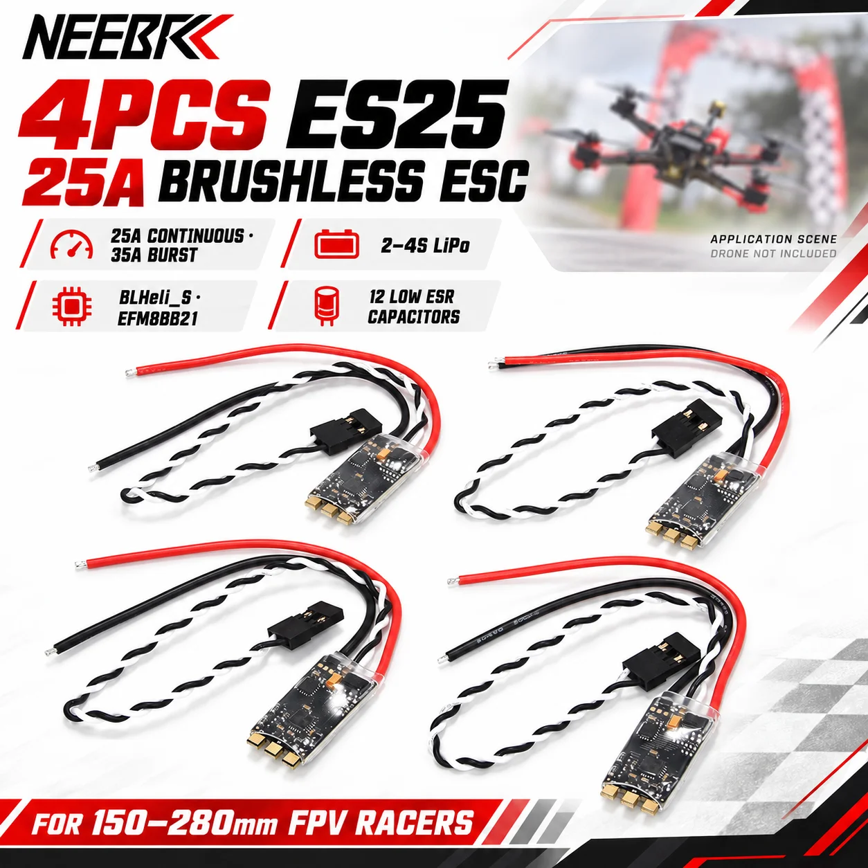 4PCS ES25 25A Brushless ESC 2-4S Multirotors Speed Controller BLHeli_S EFM8BB21 for RC FPV Racing Drone Multirotor Quadcopter