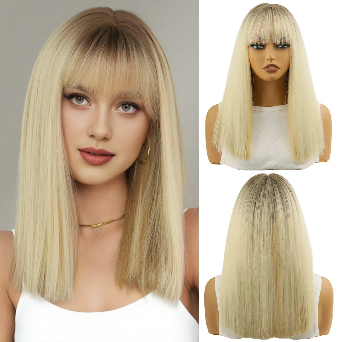 

18-дюймовый светло-русый парик с темными корнями, прямой парик для женщин, синтетический парик до плеч с челкой, термостойкий, для повседневной вечеринки