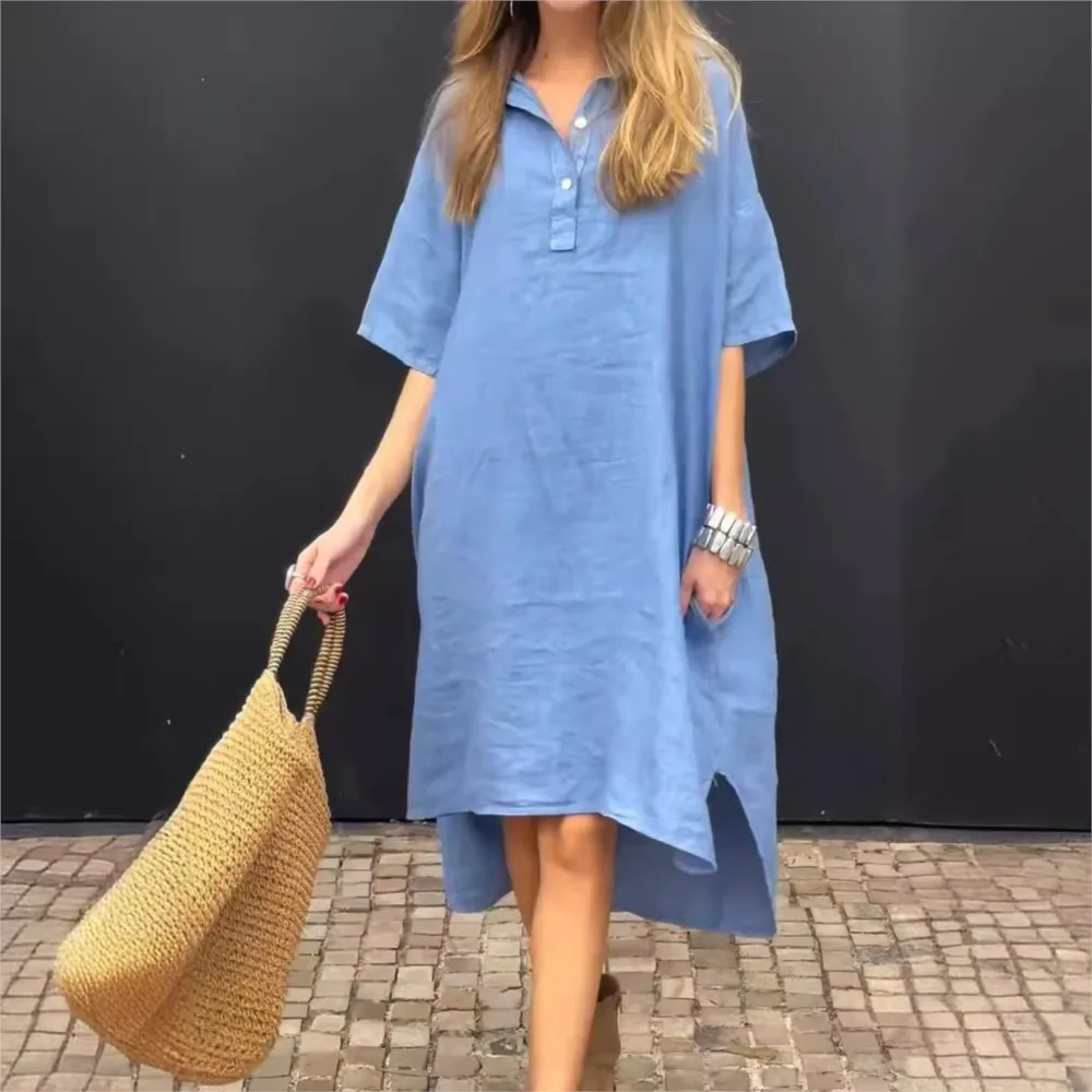 Fashionable Irregular Knee Length Swing Dress 2024 Women's New Cotton And Linen Solid Color Casual Lapel Button Long Dress Robe