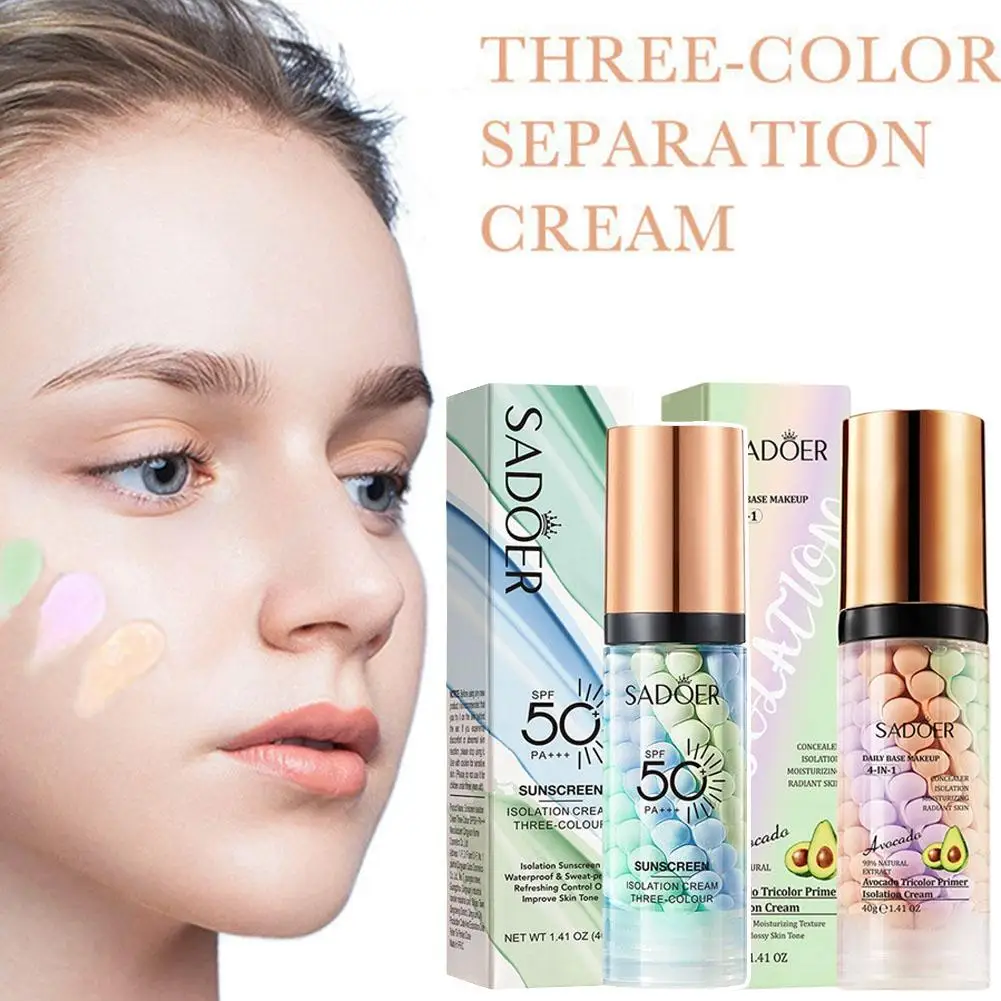 Three-Colour Sunscreen Isolation Cream SPF 50+ PA+++ 4-In-1 Daily Base Makeup Primer Color Correcting Facial Serum Oil Control
