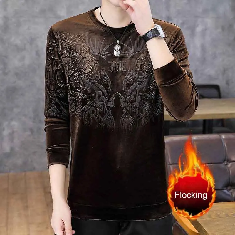 Gold velvet jacquard hot drill crew neck sweatshirt men's winter velvet thickened long sleeve undershirt T-shirt