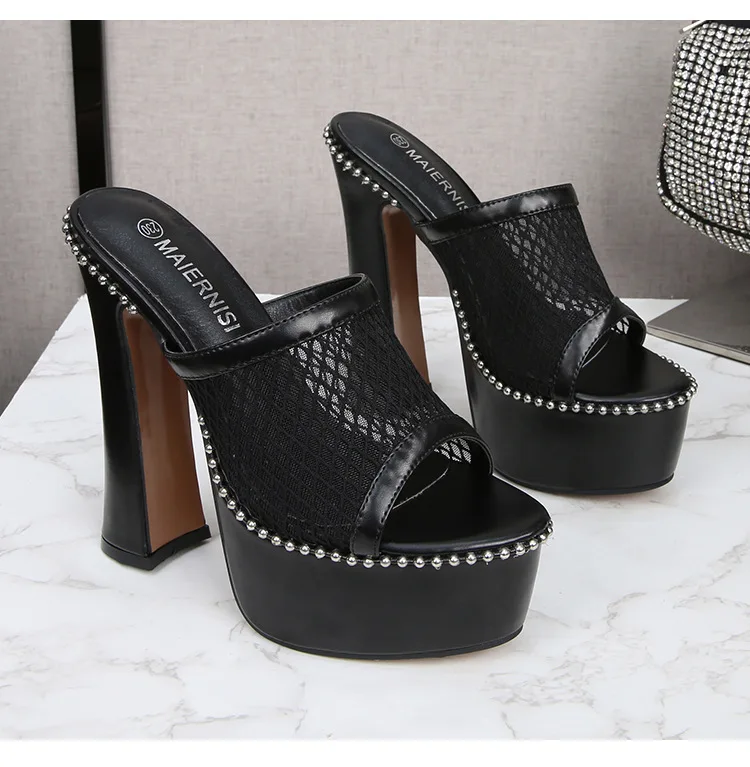 2026 European And American Mesh Waterproof Platform Small Size High Heels Thick Heels Outside Fairy Fashion Flip Flops Sandals