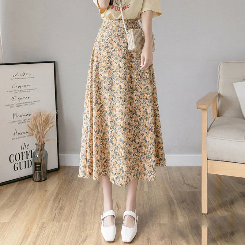 Summer Korean Elegant Floral High Waist Chiffon Skirt Women\'s Clothing Fashion A-Line All-match Printed Midi Skirts for Female