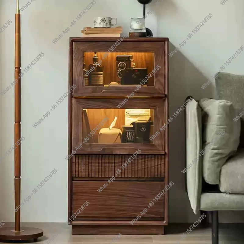 

North American black walnut glass living room TV side cabinet modern simple Japanese light luxury bedroom cabinet storage