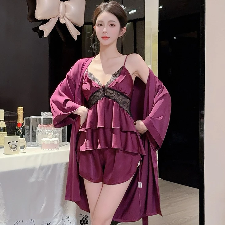

3PCS Pajamas Sets Female Lace Robe Strap Top&Shorts Pyjamas Set Sexy Satin Sleepwear Lingerie Summer Lady Nightwear Loungewear
