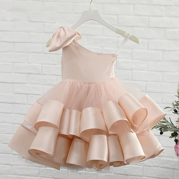 Vestido de festa com um ombro para bebês, rosa, branco, vestido de princesa infantil, tule, fita, roupas infantis, roupas de aniversário, 2-13 anos