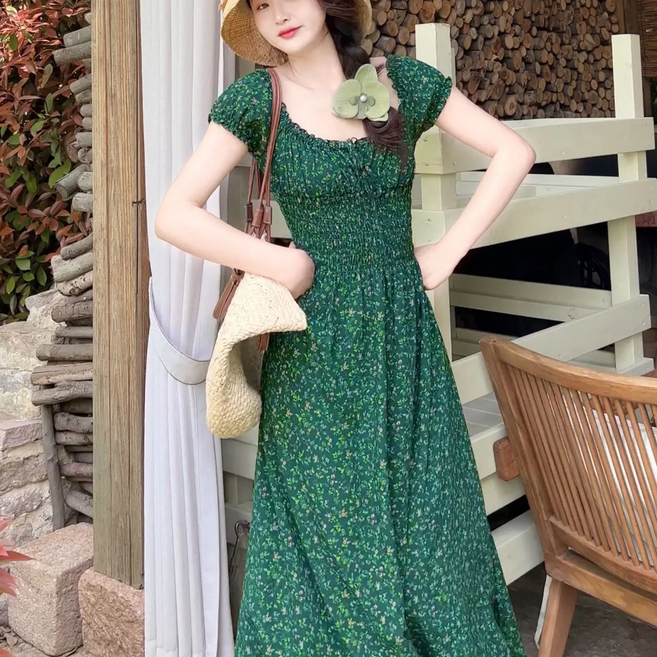 

2026 Summer New Women's Dress Square Neck Chiffon Printed High Waist Long A-line Skirt