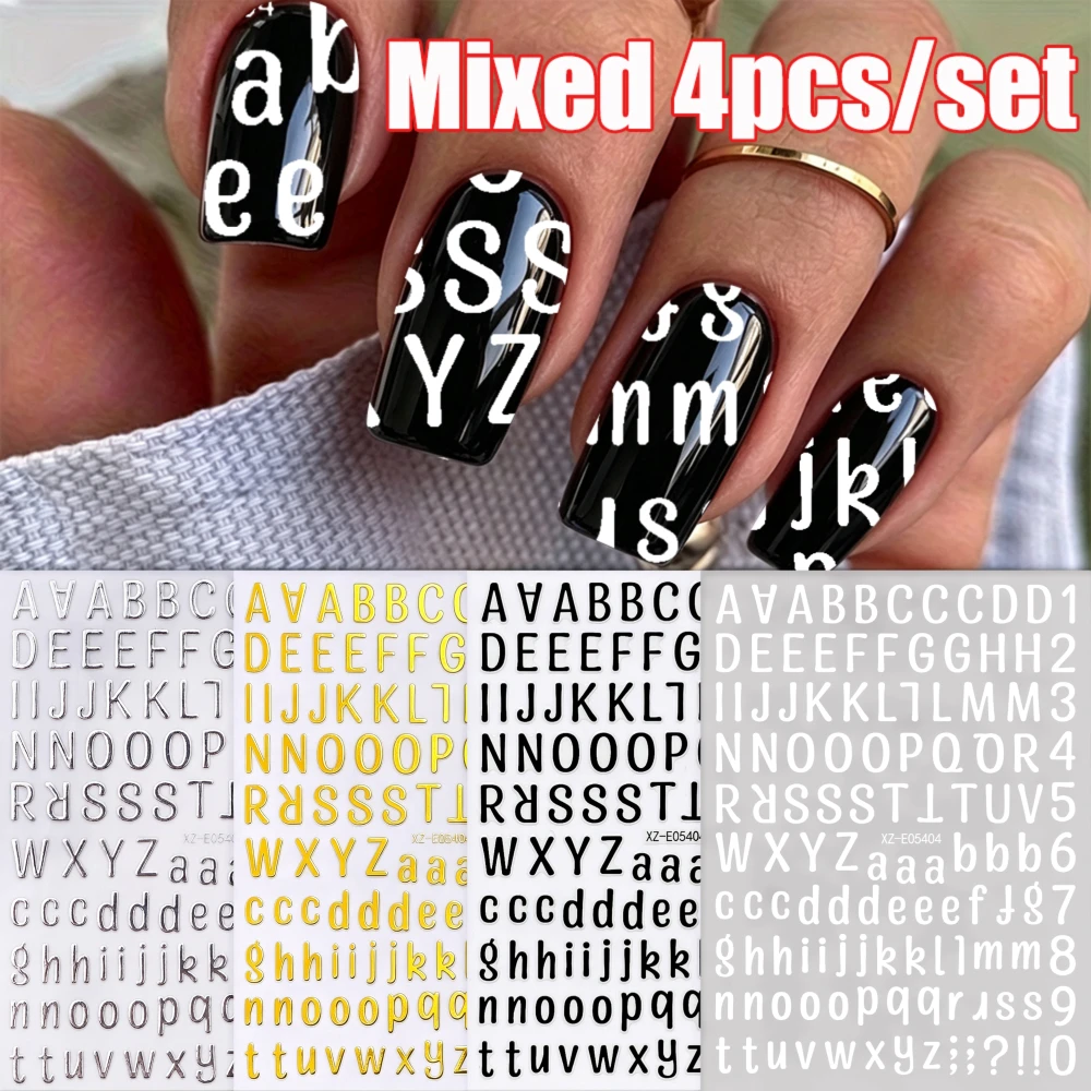 4Pcs/Set Halloween&Christmas Bold Alphabet Number Symbol Nail Stickers Minimalist Uppercase Lowercase Letter Number Nail Decals