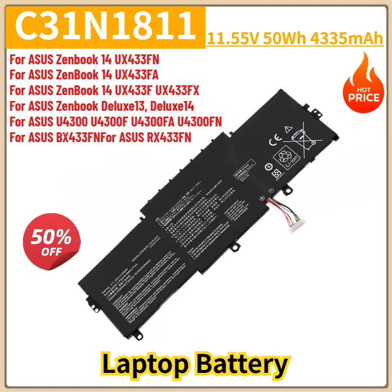 C31N1811 Laptop Battery 11.55V 50Wh 4335mAh For ASUS U4300 U4300F,Zenbook 14 UX433FN UX433FA UX433F UX433FX,Deluxe13, Deluxe14