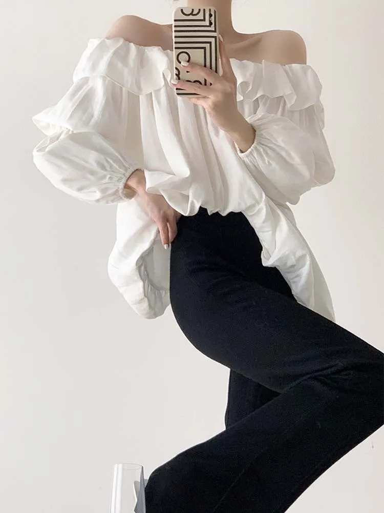 Sexy Off-shoulder fold tops white Women\'s 2024 Summer High street Irregular puff sleeve shirt blouse Design Female INKEO 4T070