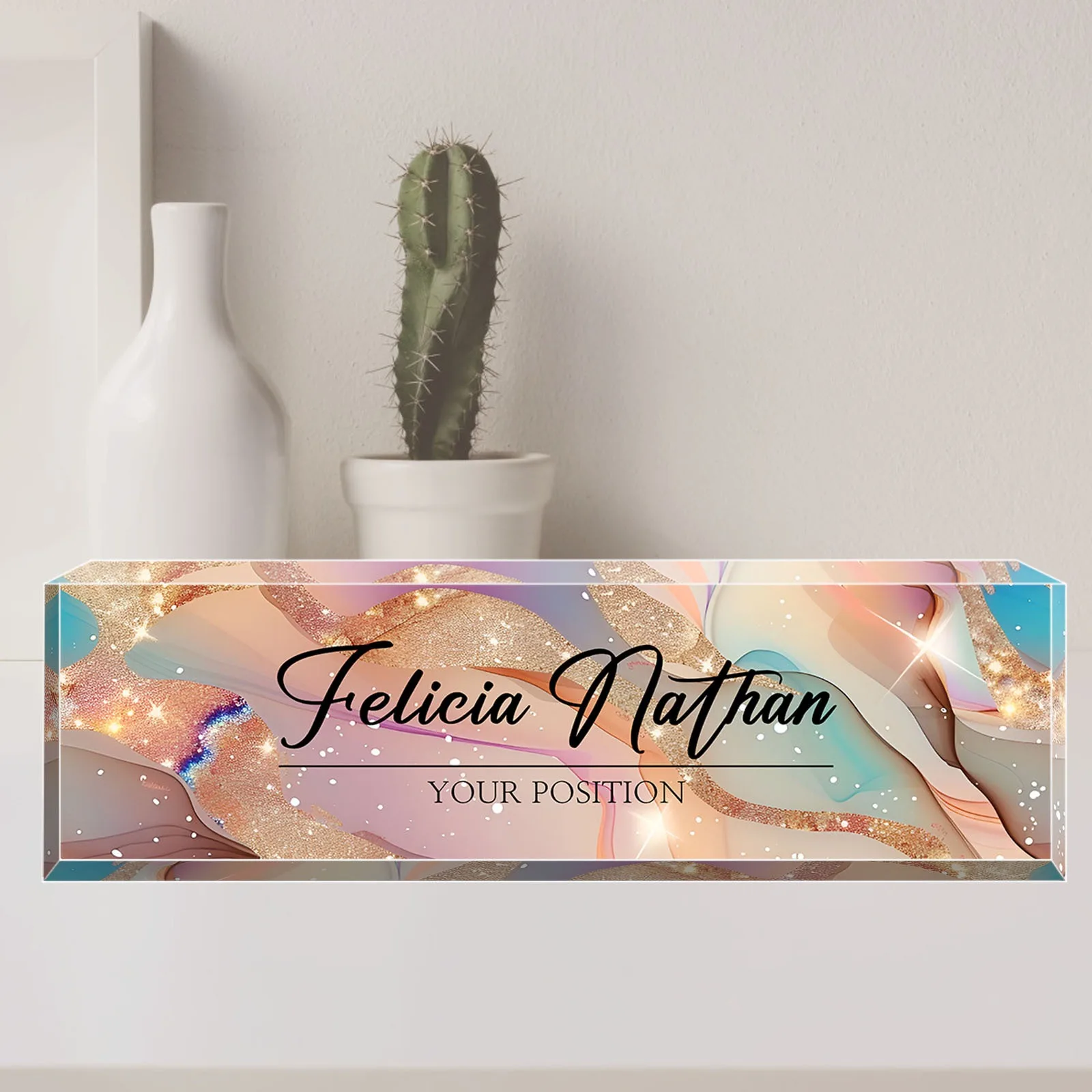 Custom Glitter Acrylic Desk Name Plaque, Personalized Name Plate, Christmas & Birthday Gift for Teachers and Office Coworkers