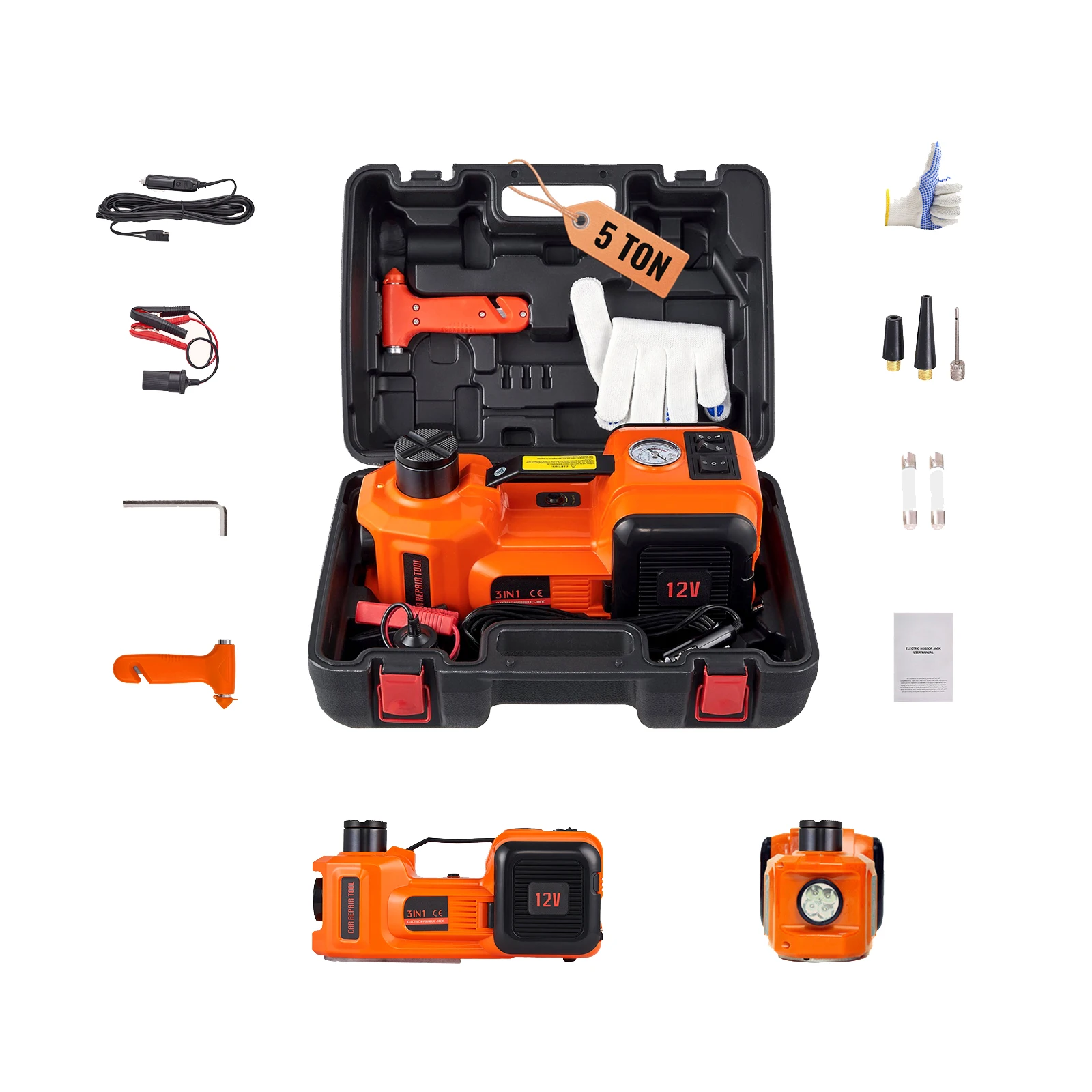 مقبس سيارة كهربائي SucceBuy 5T جاك سيارة هيدروليكي جاك سيارة محمول مع مضخة قابلة للنفخ مدمجة وإضاءة LED، مناسب لسيارات الدفع الرباعي MPV