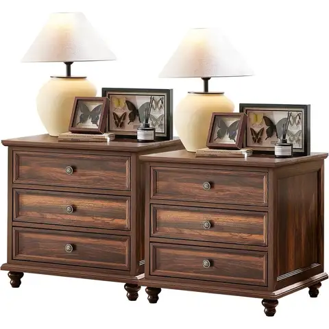 Bed Table 24" Wide armhouse Night Stand Set o 2,Large End with 3 Ders & Metal Handle,Brown Wood Drer or Bedroom Cabinet, Side Ta