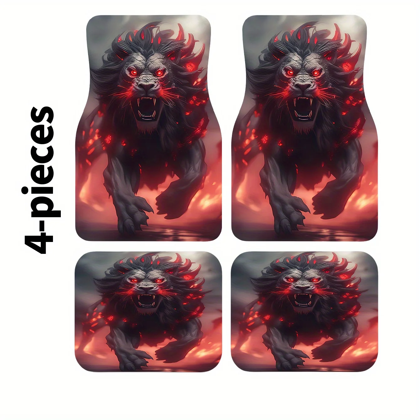 2D, A Set Of 4 Fiery Black Lion Running Pattern Car Mats, Trendy And Stylish, Suitable For All Seasons, Fashionable And Durable,