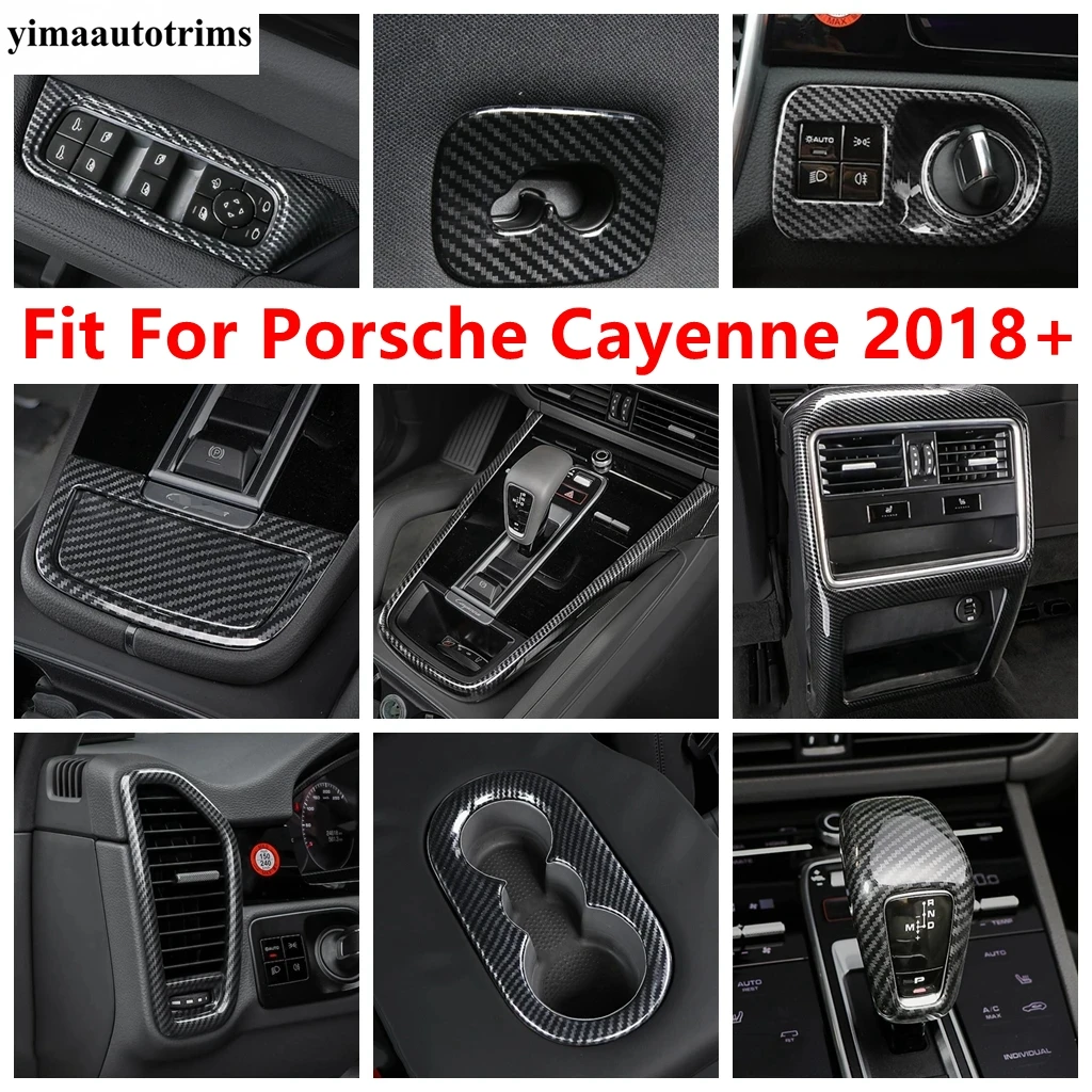 Head Light Lamp / Water Cup / Gear Shift Panel / Air AC Vent Cover Trim Carbon Fiber Accessories For Porsche Cayenne 2018 - 2023