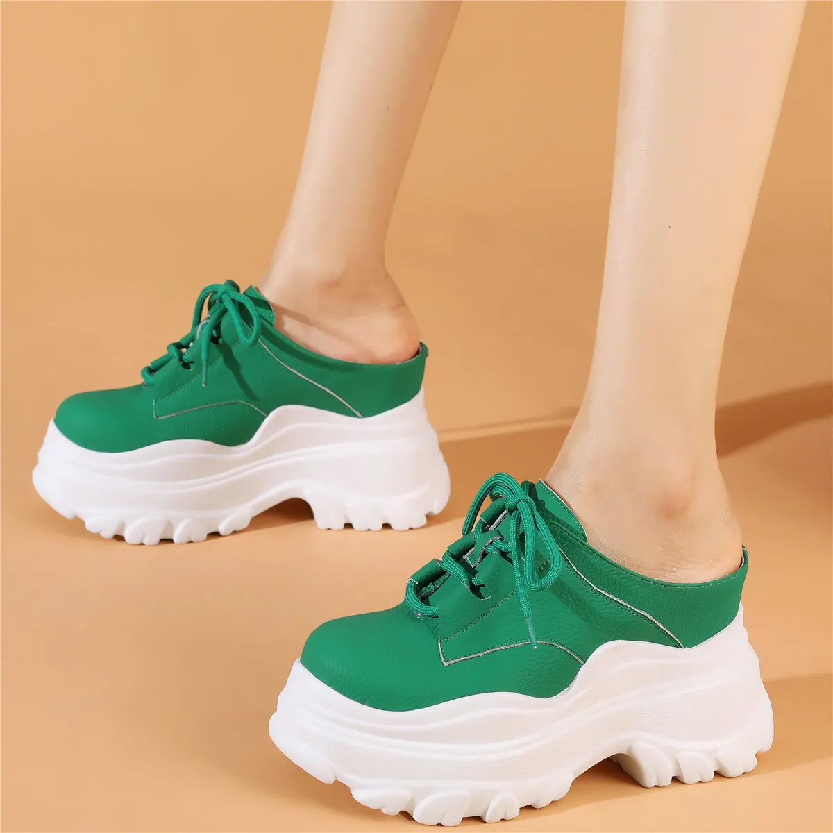 

Fashion Sneakers Women Genuine Leather High Heel Slippers Female Lace Up Round Toe Gladiator Sandals Wedges Platform Pumps Shoes