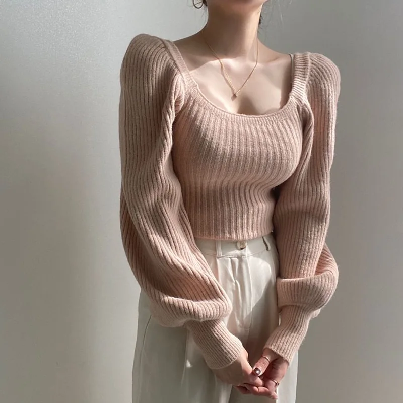 Vintage Square Neck Sweater Puff Sleeve Fitted Knit Jumper Women Pullover Autumn Winter Korean Fashion Outfit