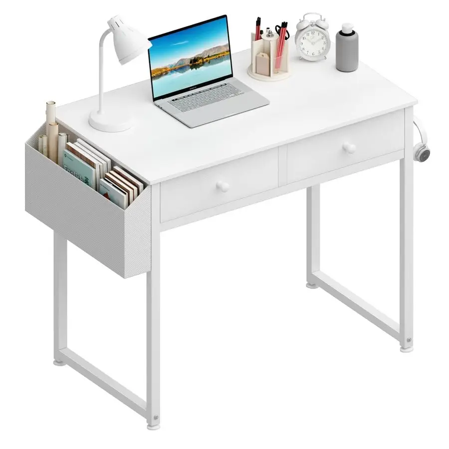 

Small White Kids Desk with Drawers for Bedroom, 32 Inch Home Office Desks with Fabric Storage Drawer and Bag, Study Writing Van