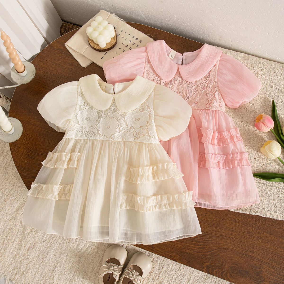 New Summer Little Girl Princess Dress Flower Embroidered Bubble Sleeve Tulle Dress Girls Elegant Outfit for Wedding