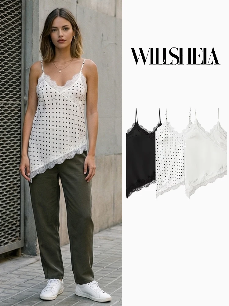 Willshela Women Fashion Asymmetrical Lace Hem Backless Pullover Tops Vintage Thin Straps V-Neck Female Chic Lady Camis