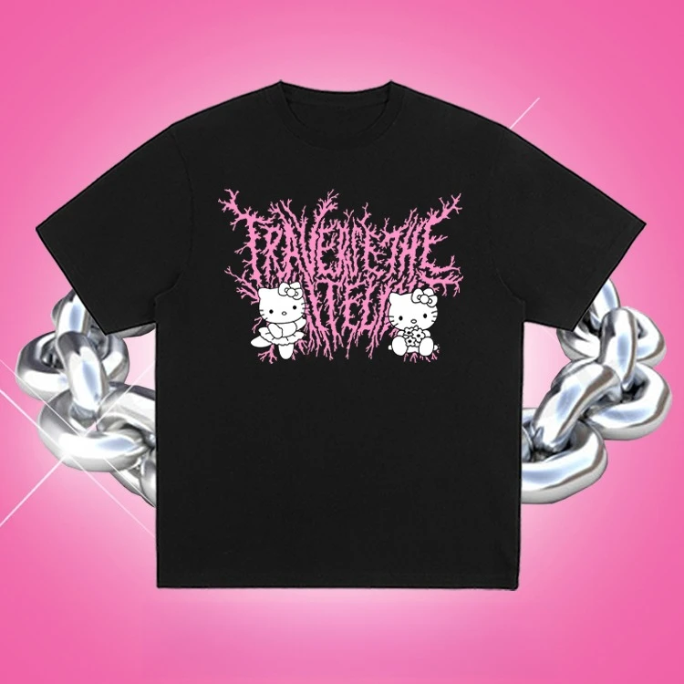 الأمريكية خمر مرحبا كيتي القوطية المطبوعة القطن قصير الأكمام تي شيرت زهرة السيدات زائد حجم فضفاض عارضة تنوعا أعلى #1