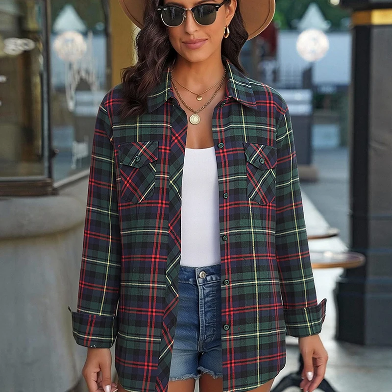 Women's Plaid Flannel Shirt Casual Long Sleeve Button Down Blouse Loose Fit Plaid Top For Spring Fall Daily Wear view 5