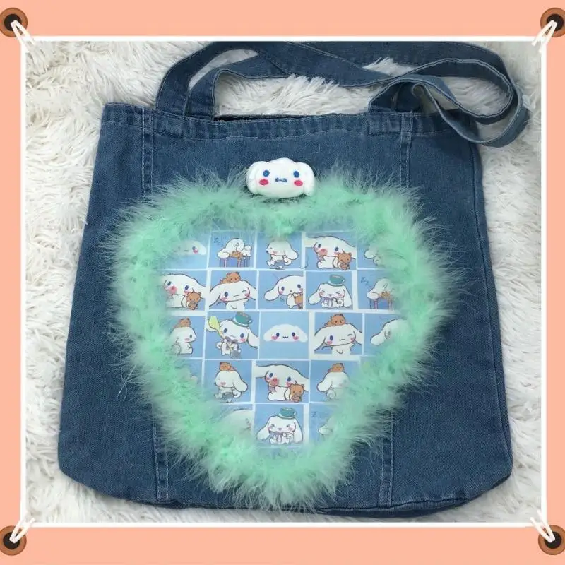 

Y2K Sanrio Denim Bag Canvas Large Capacity Miss My Melody Cinnamoroll Kawaii Dopamine Love Shape Gift for Girlfriend New 2024